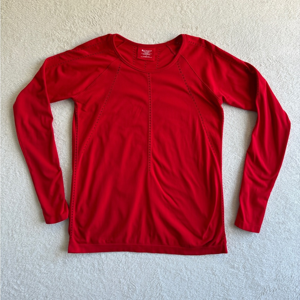 Athleta Red Athleisure Size L Long Sleeve Perforated Detail Lightweight Top - Picture 2 of 16